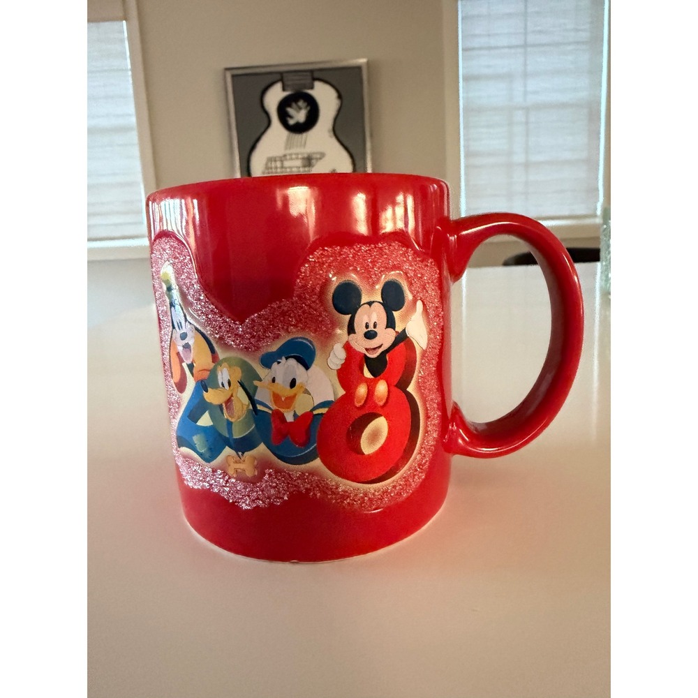 Disney Parks 2008 Mickey Minnie Donald Goofy Red Souvenir Mug 4.5 Inch